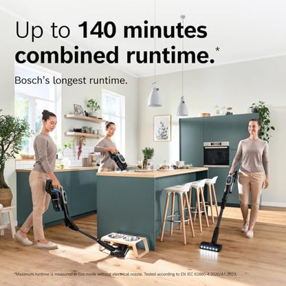 Bosch Unlimited 10 Cordless Stick Vacuum Cleaner - 2 Batteries Included, Up to 140 Min Total, Bendable Tube, Fast Charger, Pet Hair, Hard Floors and Carpets, 7 Accessories, Dark Cream
