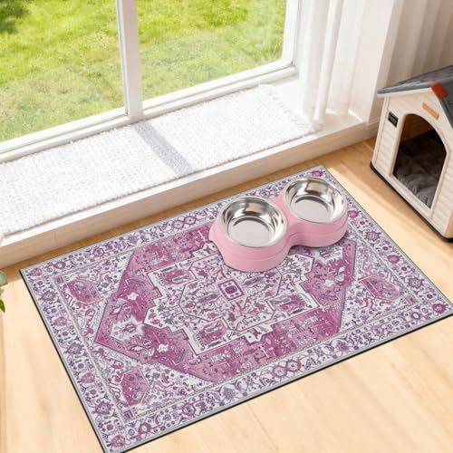 famibay Dog Food Mat, Absorbent Cat Dog Mats for Food and Water, No Stains Quick Dry Pet Cat Bowl Mats with Non Slip Backing, Boho Pet Feeding Mat for Floor Waterproof 12"x20" - color: Vintage Pink, size: S(12"×20")