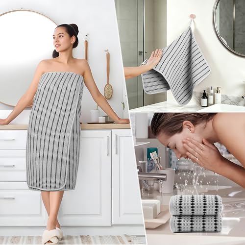 POLYTE 430 GSM Microfiber Quick Dry Lint Free Oversize Bath Towel Set, 6 Piece (Waffle Weave) - color: Light Gray/Black