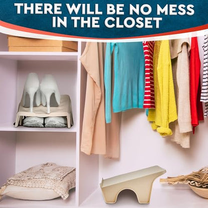 4 Pack Stacking Shoe Organizer for Shelf 10x8.7 in – Double Layer Space Saving Shoe Dividers for Shelves – Footwear Riser for Heels Under 4.7", Sneakers & Flats Storage for Small Closets, Dorms, Apts