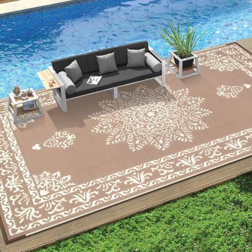 Yamaziot Outdoor Rug 9x18 Ft, Waterproof Plastic Straw Patio Rug, Reversible Backyard Carpet UV Resistant Portable RV Mat Clearance, Large Indoor Outdoor Rug for Patio, Porch, Deck, Balcony, Brown - color: Beige Brown, size: 9' x 18'