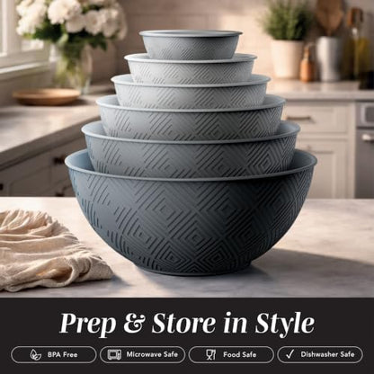 COOK WITH COLOR Mixing Bowls with Lids - 12 Piece Plastic Nesting Bowls Set includes 6 Prep Bowls and 6 Lids, Microwave Safe Mixing Bowl Set, Grey Rhombus - color: Grey Rhombus