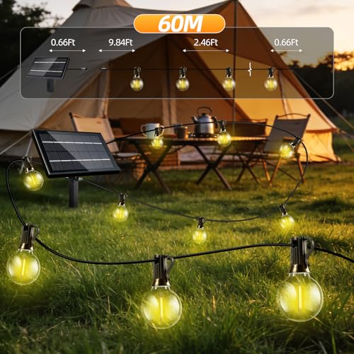 200FT Solar Lights Outdoor Waterproof: G40 60M Shatterproof Bulbs Patio Lights - Solar Powered Remote Control 3 Light Modes Dimmable Solar Light - Camping Backyard Garden Deck Outside Yard - size: 200FT-Remote