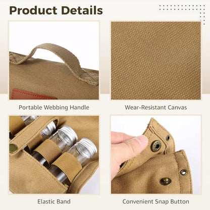 Camping Spice Bag with 10 Jars, Portable Travel Spice Kit with Foldable Seasoning Pouch, Includes 10 Empty Glass Spice Containers, Canvas Storage Bag for Outdoor Cooking, BBQ, RV Trip