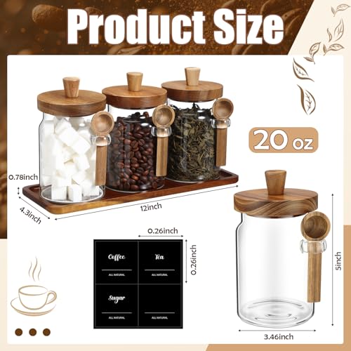 Suclain 3 Pcs Glass Coffee Container with Wooden Lid Spoon Shelf Labels Clear Airtight Jar Food Storage Canister Set for Sugar Spice Coffee Bean Holder Housewarming Gift(20 oz,Acacia Brown) - size: 20 oz