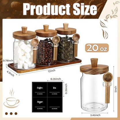 Suclain 3 Pcs Glass Coffee Container with Wooden Lid Spoon Shelf Labels Clear Airtight Jar Food Storage Canister Set for Sugar Spice Coffee Bean Holder Housewarming Gift(20 oz,Acacia Brown) - size: 20 oz