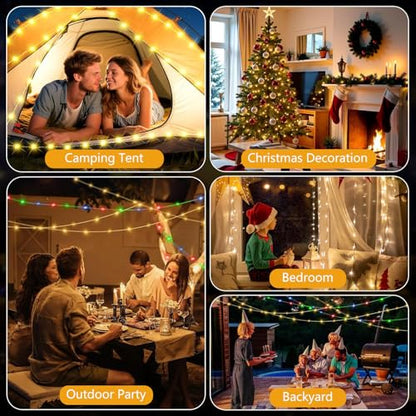 Solar Camping String Lights, 4 in 1 Camping Light with 32.8ft Retractable Fairy Lights - USB Rechargeable & IPX4 Waterproof, 5 Modes Portable Hanging Tent Lights for RV, Patio, Hiking