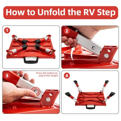 Homeon Wheels Foldable RV Step Stool, Portable Aluminum Platform with Anti-Slip Safety Surface and Handles, Adjustable Height Folding Steps Support Up to 1000 lbs, 16.5" x 11.8", Red - color: Red