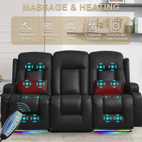 URRED Power Loveseat Recliner Sofa with Massage and Heat, Wall Hugger Reclining Loveseat with Console, RV Couch Home Theater Seating with LED Lights for Living Room (Black, 76.8" - 3 Seats) - color: Black, size: 76.8" - 3 Seats
