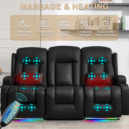 URRED Power Loveseat Recliner Sofa with Massage and Heat, Wall Hugger Reclining Loveseat with Console, RV Couch Home Theater Seating with LED Lights for Living Room (Black, 76.8" - 3 Seats) - color: Black, size: 76.8" - 3 Seats