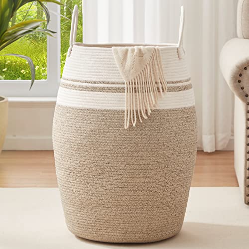 OIAHOMY Laundry Hamper Woven Cotton Rope Large Clothes Hamper 25.6" Height Tall Laundry Basket with Extended Cotton Handles for Storage Clothes Toys in Bedroom, Bathroom, Foldable (Yellow variegated) - color: Yellow variegated