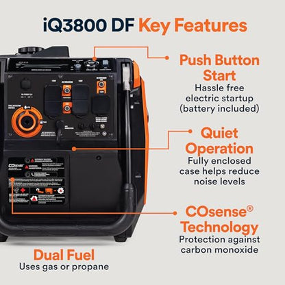 Generac 3,800-Watt Dual-Fuel Portable Inverter Generator - Gas and Propane Compatible - Quiet Operation - Clean, Stable Power - Great for Home Backup, Camping, and RV Use - style: 3800-Watt Inverter - Electric Start + COsense - 50 ST