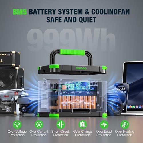 Portable Power Station 1000W, 999Wh Solar Generator, Pure Sine Wave AC Outlet with PD 60W USB-C Fast Charging, Outdoor Camping RV Van Home Backup Off-Grid Living - color: Green & Black