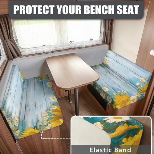 NDISTIN Blue Wood Sunflower RV Dinette Cushion Covers 2 Sets Camper Couch Cushion Covers Dinette with 1 Backrest & 1 Bench Covers Stretch Sofa Furniture Protector for RV Camper Sofa - color: Blue Wood Sunflower