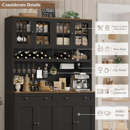 HOSTACK 75.4" Tall Kitchen Pantry Cabinet with Charging Station, Modern White Kitchen Hutch with Microwave Stand and Wine Rack, Large Food Pantry Storage Cabinet with Glass Doors and Drawers, Black - color: Black