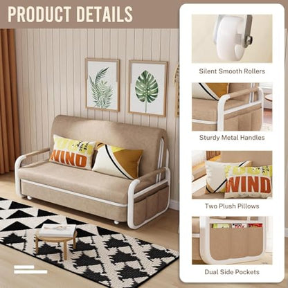 62" Pull Out Sofa Bed, 3 in 1 Convertible Sleeper Sofa, Full Size Loveseat Couch Bed with Storage, Trundle and 2 Pillows for Living Room, Bedroom, Dorm, RV,Office (Saddle Tan 809) - size: 62"- Full Size