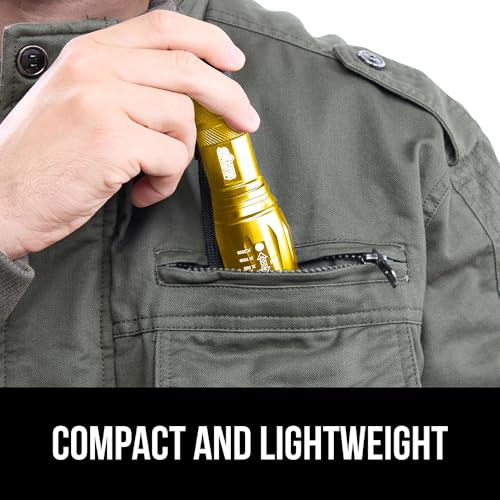 GORILLA GRIP Powerful LED Tactical Flashlight, 750 FT High Lumens 5 Adjustable Modes, Water Resistant, Ultra Bright Zoom Flashlights, Small Mini Flash Light, Camping, Night Dog Walking, Gold - color: Yellow Gold