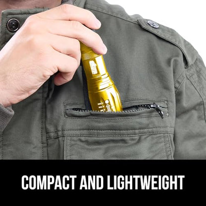 GORILLA GRIP Powerful LED Tactical Flashlight, 750 FT High Lumens 5 Adjustable Modes, Water Resistant, Ultra Bright Zoom Flashlights, Small Mini Flash Light, Camping, Night Dog Walking, Gold - color: Yellow Gold