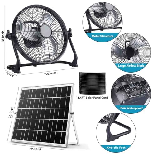 ZZE 14 Inch Battery Operated Fan Rechargeable with Solar Panel, Upgraded with High Airflow Metal Blade Camping Fan, Cordless, Quiet, USB Phone Charge, 5-75H Working Time - size: 14 Inch Solar