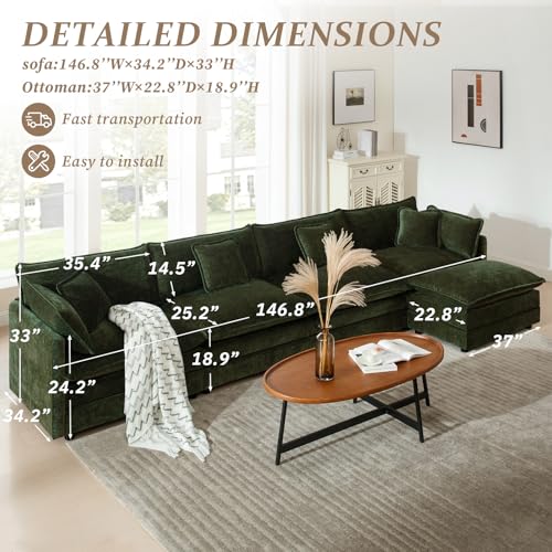 SoarFlash Chenille Sectional Sofa, Comfy L Shaped Modular Coush Sofa with Ottoman, Modern 4 Seat Couch Deep Seat Sofa Set for Living Room,Green - color: Green, size: 4 Seat+1 Ottoman