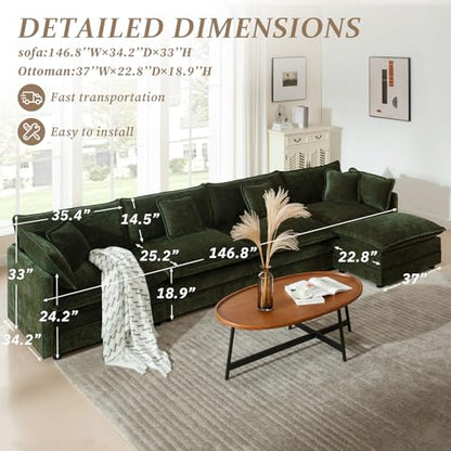 SoarFlash Chenille Sectional Sofa, Comfy L Shaped Modular Coush Sofa with Ottoman, Modern 4 Seat Couch Deep Seat Sofa Set for Living Room,Green - color: Green, size: 4 Seat+1 Ottoman