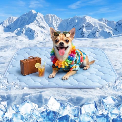Cooling Mat for Dogs and Cats 24" x 18", Pet Cooling Bed Indoor Outdoor w Waterproof Cover & Ice Silk, Summer Cool Pad for Puppy Kitty, Non-Slip Washable Pet Blanket for Crate Kennel (Cryo Ice Blue) - color: Blue Cloud Stitching, size: Small