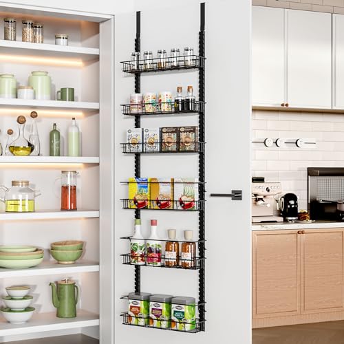 Churboro Over the Door Pantry Organizer Rack with 6 Adjustable Baskets, 6 Tiers Dual-use Spice Rack- Hanging or Wall Mount Spice Rack, Pantry Door Organizer, Black - color: Black, size: 6 Tiers