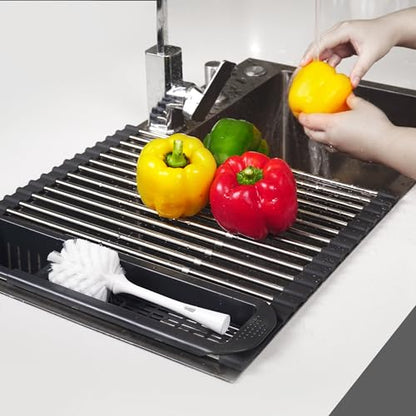 Roll Up Dish Drying Rack Over The Sink, 304 Stainless Stee Dish Drainer, Foldable & Adjustable Sink Drying Rack for Kitchen Sink Counter with Utensil Holder (Gray, Expandable) - size: Large