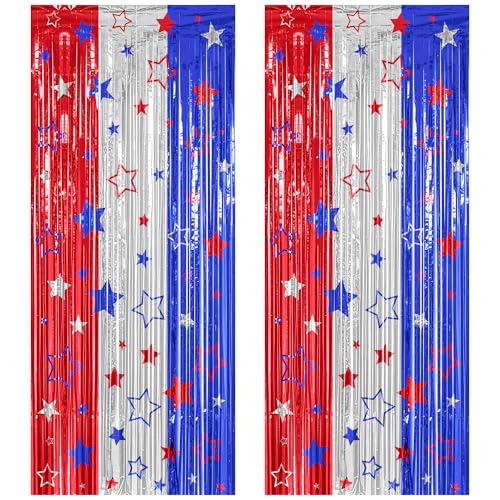ZATAYE 2 Pack Red Silver Blue Foil Curtain Streamer Decorations | Red Silver Blue, Metallic Foil, 3.28 x 7.05 FT, Tinsel Backdrop, Foil Curtain Streamer, Party Decorations - color: 4th of July, size: 2 PCS