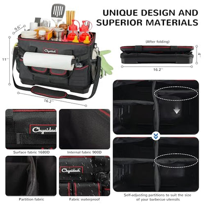 Chyaidach Large Grill Caddy with Hard Bottom and Paper Towel Holder, Picnic BBQ Condiment Utensil Organizer Caddy for Blackstone Griddle Accessories, Camping Essential, Outdoor Cooking, Tailgate, RV