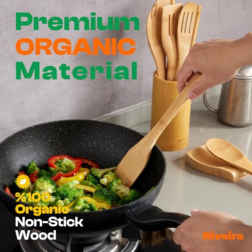 Riveira Bamboo Cooking Spoons 6-Piece – Wooden Cooking Utensils Set with Wooden Spoons for Cooking & Spatulas Wooden Utensil Sets – Premium Kitchen Utensils Set – Durable First Apartment Essentials - color: Bamboo Natural, size: Set of 6