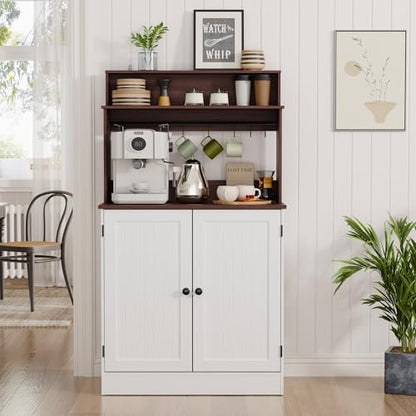 MHOM Farmhouse Bar Cabinet with Storage, Coffee Station Cabinet with 5 Hooks, Small Coffee Bar for Kitchen & Living Room, Antique White - color: White