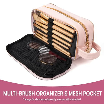 ZIPIT: Travel Makeup Bag - Soft Shell, Large Zipper Cosmetic Case, 3 Compartments, Toiletry Storage Organizer, Clear Window, Brush Slots - color: Pink