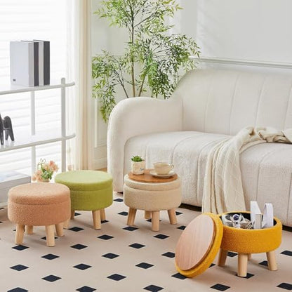 Wimarsbon Storage Ottoman, Modern Round Footrest with Soft Padded Seat, Teddy Velvet Footstool with Wood Legs, Accent Small Table or Plant Stand for Hallway, Living Room (Champagne) - color: Champagne