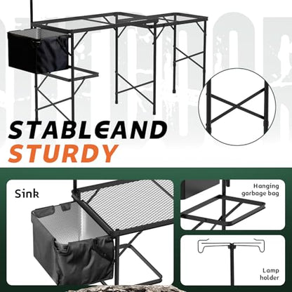 WildFinder Folding Table with Sink and Double Shelf, Camping Table Height Adjustable Folding Grill Table, Portable Outdoor Table for Picnic,Camping,BBQ,Beach,69 x20 x32 Inches(Black) - size: 5.7x2FT(Cooking Station)