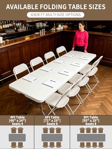 8 Foot Folding Table Portable, 8FT Folding Dining Table for Indoor Outdoor, Heavy Duty Fold-in-Half Plastic Long Large Rectangular Utility Card Tables for Picnic Camping Party, 95x29 inch - size: 8 FT