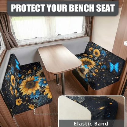 Butterrfly Sunflower Starry Night Pattern RV Dinette Cushion Covers Camper Sofa Cushion Cover Stretchable RV Dinette Seat Covers 2Pcs with Backrest & Bench Cover, 2 Sets - color: Butterrfly Sunflower Starry Night