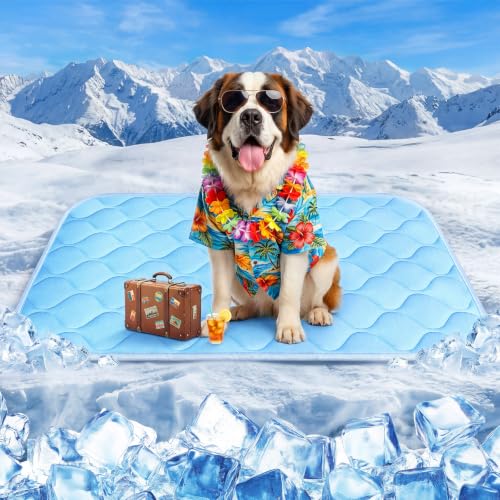 Cooling Mat for Dogs Extra Large 43" x 31", Cooling Pet Bed Outdoor & Indoor Use w Ice Silk Fabric, Summer Cool Pad for Dogs, Non-Slip Washable Pet Blanket for Crate Kennel Travel (Cryo Ice Blue) - color: Ice Blue Wave Stitching, size: X-Large