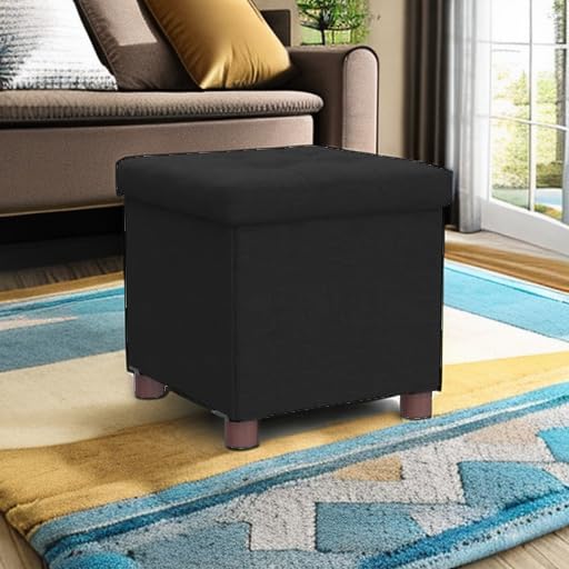 15 Inch Storage Ottoman with Wooden Legs - Cube Foot Rest Stool, Square Footstool, Comfortable Seat with Lid, Foldable Fabric Ottoman, Space-Saving Black - color: Squ Black