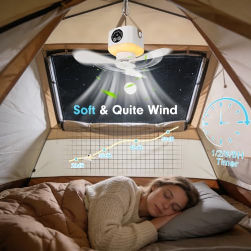 Portable Ceiling Fan with Lights Remote,USB Rechargeable Camping Fan,9.25" Wireless Tent Fan with 4 Speeds,Timer,Battery-Powered Ceiling Fan for RV,Truck,Rooftop Tent,Travel,Camping (White) - color: White