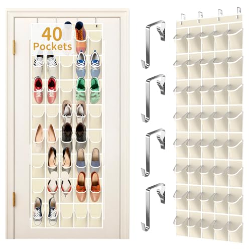 Over the Door Shoe Organizer with 40 Large Pockets, Multi-Purpose Storage for Shoe and Accessories, Durable Fabric with Adjustable Hooks for Home Closet Bedroom Entryway -Beige - color: Beige