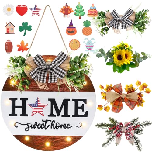 HOMCDALY Interchangeable Welcome Sign for Front Door with 4 Seasonal Wreaths, Door Wreaths for Front Door with 12 LED Lights, Farmhouse Rustic Welcome Door Hanger Wall Sign, Porch Decorations(White) - color: Middle White-4 seasonal wreaths