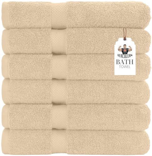 HERCULEAN Premium Bath Towels 24 x 48 Pack of 6 | Quick Dry and Highly Absorbent | 100% Cotton Terry Towels for Bathroom - Perfect for Shower - Pool and Spa - Luxury Soft Towels - Beige - color: Beige, size: 24" x 48" PK 6
