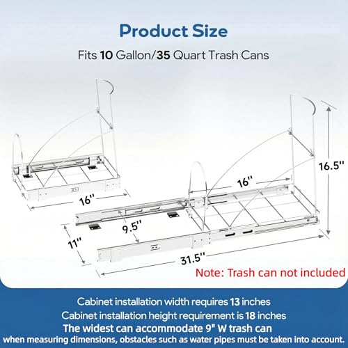 Pull Out Trash Can Under Cabinet & Under Sink - Heavy Duty Sliding Adjustable Cabinet Garbage Can Organizer, Requires Minimum Cabinets Opening 13" W X 18" D,Chrome Finish (Waste Bin Not Included)