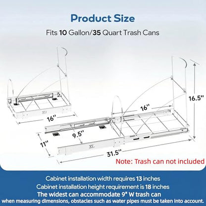 Pull Out Trash Can Under Cabinet & Under Sink - Heavy Duty Sliding Adjustable Cabinet Garbage Can Organizer, Requires Minimum Cabinets Opening 13" W X 18" D,Chrome Finish (Waste Bin Not Included)