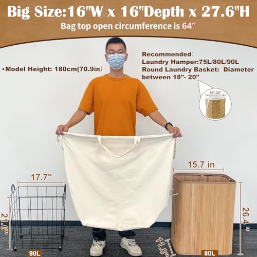 Canvas Laundry Bags with Handles & Square Base 16"Wx16"Depth x27.6"H, Extra Large Heavy Duty Laundry Basket Hamper Liner, Washable Drawstring Dirty Clothes Bag Canvas Storage Sack(Beige,1 Pack) - color: Beige 1-Pack | Square Base, size: 16"Wx16"Depthx27.6
