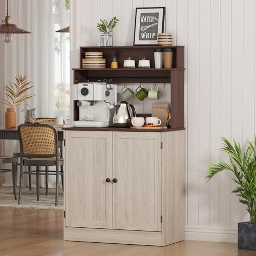 MHOM Farmhouse Bar Cabinet with Storage, Coffee Station Cabinet with 5 Hooks, Small Coffee Bar for Kitchen & Living Room, Antique Oak - color: Oak