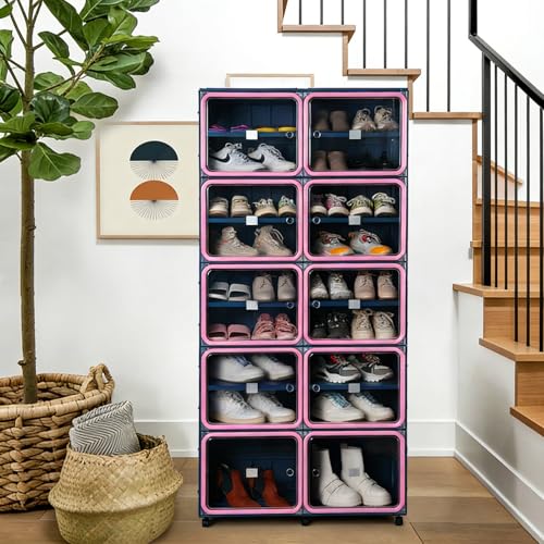 Collapsible Shoe Rack Organizer, 9 Tiers-36 Pairs Foldable Shoe Cabinet with Magnetic Clear Door, Large Plastic Folding Shoe Cabinet Blue & Pink, Easy Assembly Shoe Shelves Organizer for Entryway - size: 9 Tiers-36 Pairs Blue & Pink