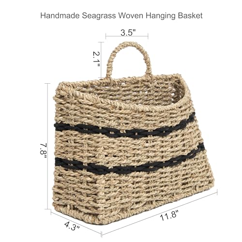 Handmade Seagrass Woven Hanging Basket with Black Cotton Rope - 11.81 x 4.33 x 7.87 Inches - Ideal for Wall Decor & Storage (Half-moon opening) - style: Half-moon opening