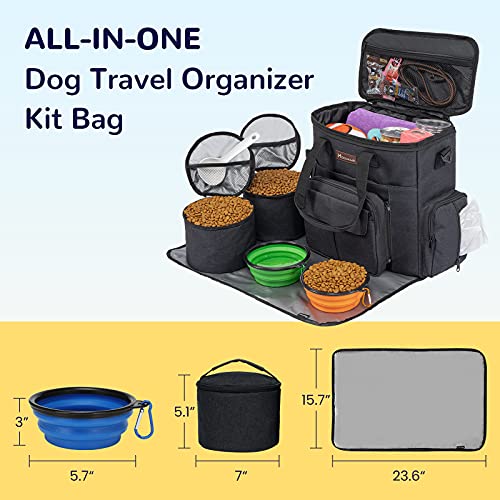Modoker Dog Travel Bag with 2 Collapsible Dog Bowls, 1 Dog Backpack, Airline Approved Pet Travel BagOrganizer for Supplies & Accessories, 2 Travel Dog Food Container, Black - color: Sleek Black